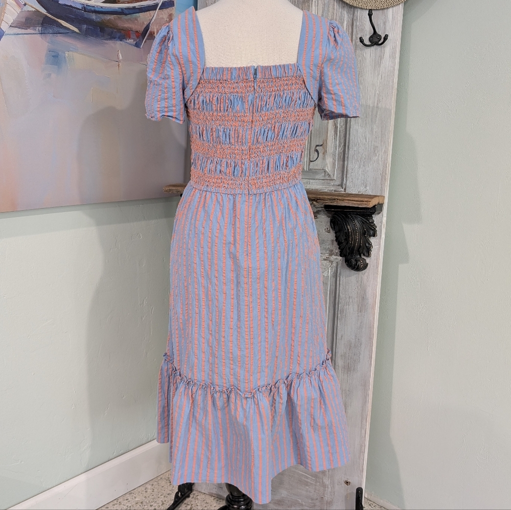 🩵SOLD🧡Tahari ASL Blue and Orange Striped Midi Dress With Puffy Sleeves - Picture 4 of 8